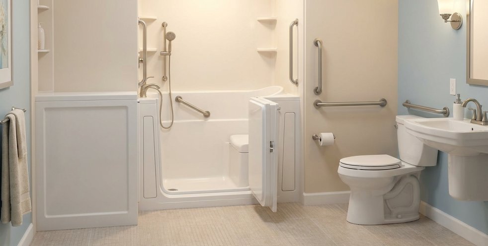 Accessible bathroom with walk-in tub, grab bars, toilet, and sink for safe bathing